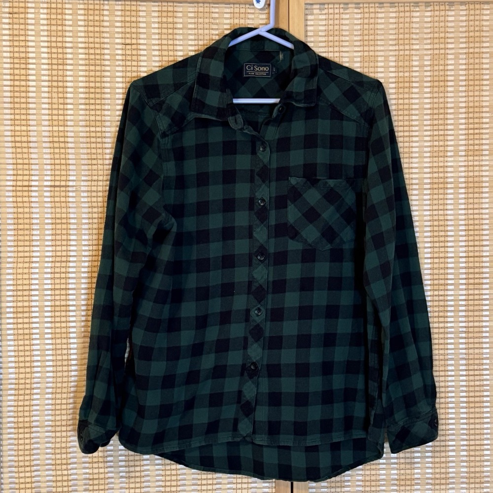 Ci Sono Plaid Collection Womens L Button Up Green Grunge Western Boho Cottage